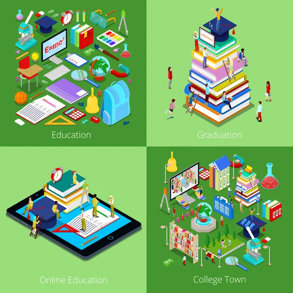 Isometrisk pedagogiskt koncept. Online Education, College Town, examen med mössa och studenter. Vektor 3D platt illustration — Stock vektor