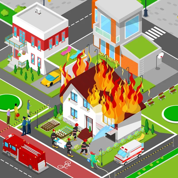 Brandweerlieden blussen een brand in huis isometrische stad. Brandweerman helpt geblesseerd vrouw. Vector 3D platte illustratie — Stockvector