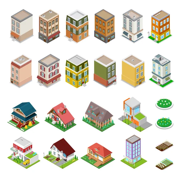 Isomric City Buildings Set. Case moderne con fiori. Illustrazione vettoriale — Vettoriale Stock