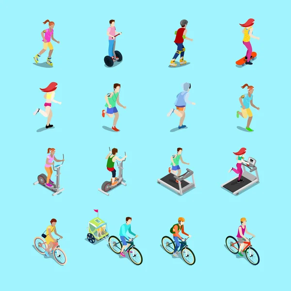 Изометрический спортивный набор. Бегущие люди, велосипедист на велосипеде, женщина на велосипеде, женщина на скейтборде, мужчина на коньках. Векторная плоская иллюстрация — стоковый вектор
