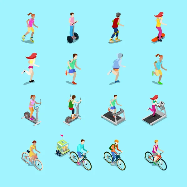 Isométrico Sporting People Set. Gente corriendo, Ciclista en bicicleta, Mujer fitness, Mujer en monopatín, Hombre en patinaje. Vector 3d ilustración plana — Vector de stock