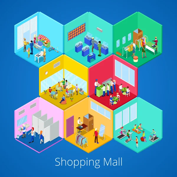 Isometric Shopping Mall Interior with Gym Fitness Club Boutique and Clothes Store. Vector illustration — Stock Vector