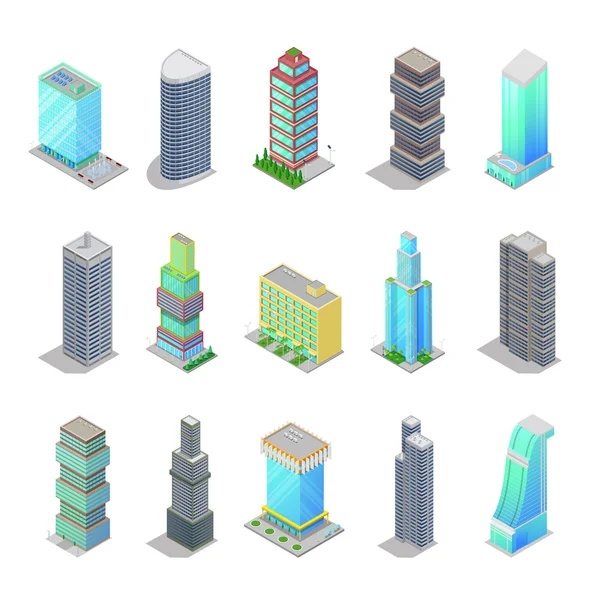 Isometric City Edifícios de arranha-céus. Arquitetura moderna Cityscape. Vector 3d ilustração plana — Vetor de Stock