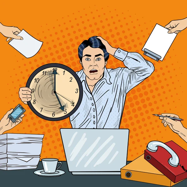 Stressed Pop Art Homem de negócios Segurando Big Clock em Multi Tasking Office Work Deadline. Ilustração vetorial —  Vetores de Stock