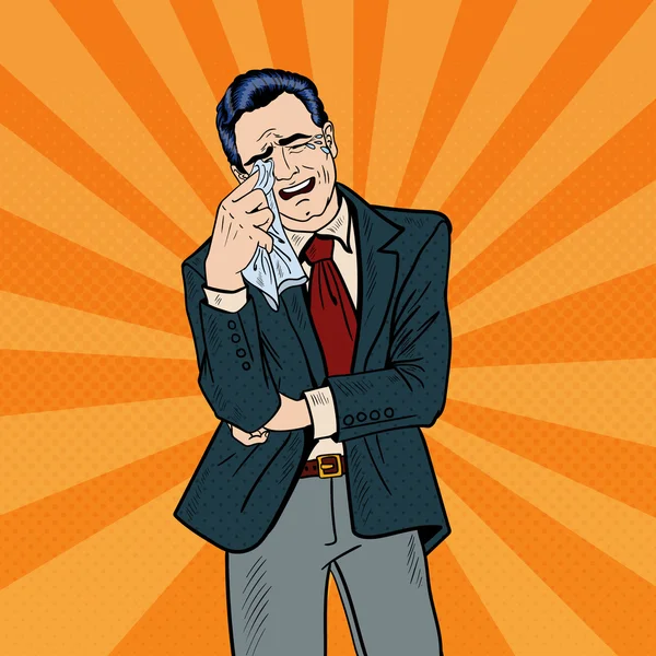 Pop Art Ağlayan İşadamı Gözyaşlarını Mendille Siliyor. Vektör çizimi