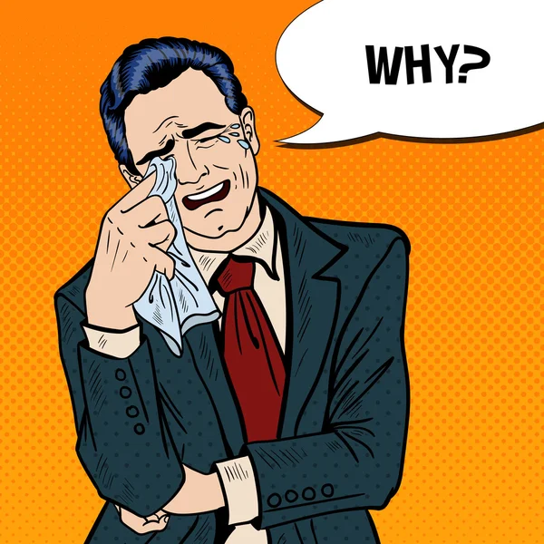 Pop Art Ağlayan İşadamı Gözyaşlarını Mendille Siliyor. Vektör çizimi