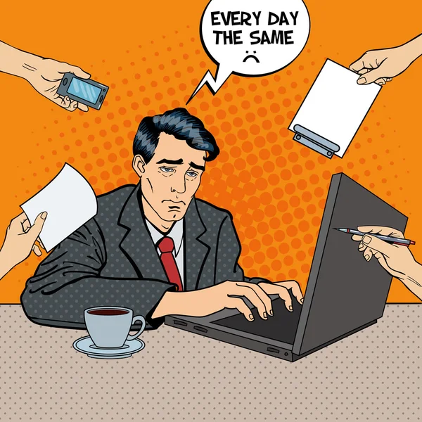 Pop Art Homme d'affaires stressé avec ordinateur portable au travail de bureau multi-tâches. Illustration vectorielle — Image vectorielle