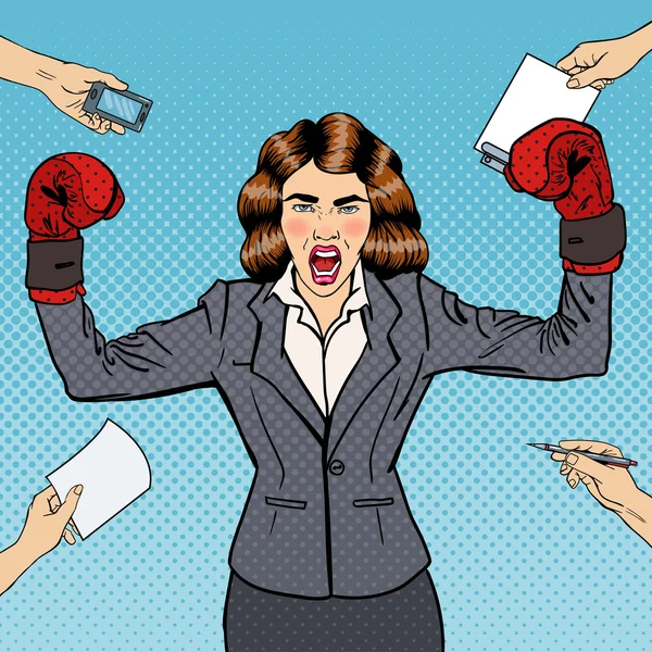 Mujer de negocios de arte pop en guantes de boxeo en el trabajo de oficina de tareas múltiples. Ilustración vectorial — Vector de stock