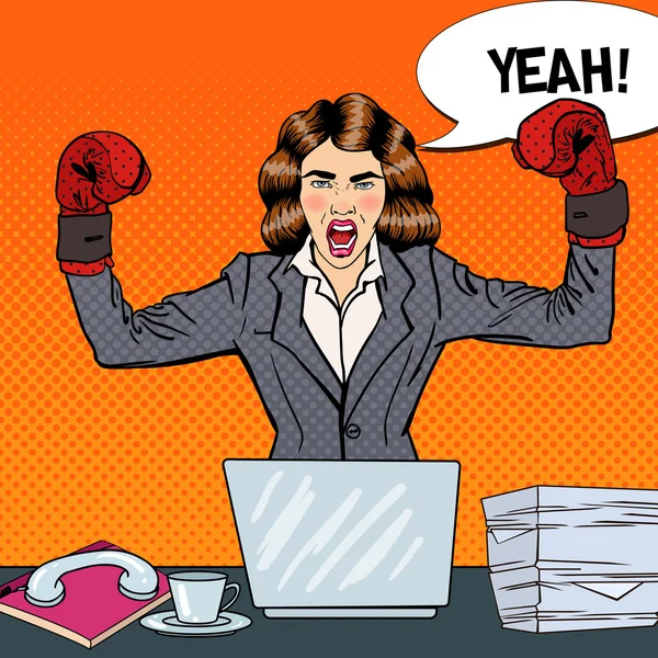 Mujer de negocios de arte pop en guantes de boxeo en el trabajo de oficina de tareas múltiples. Ilustración vectorial — Vector de stock