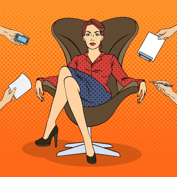 Pop Art femme d'affaires réussie assis dans une chaise de luxe au travail de bureau multi-tâches. Illustration vectorielle — Image vectorielle