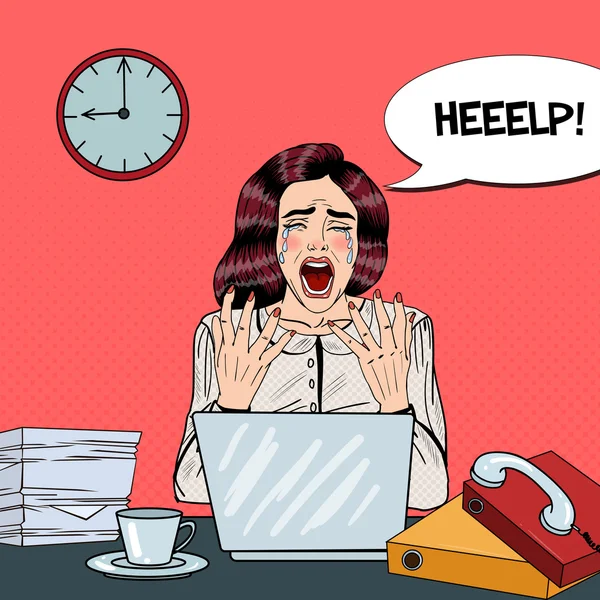 Pop Art Crying Stressed Business Woman Screaming at Multi Task Office Work. Векторная иллюстрация — стоковый вектор