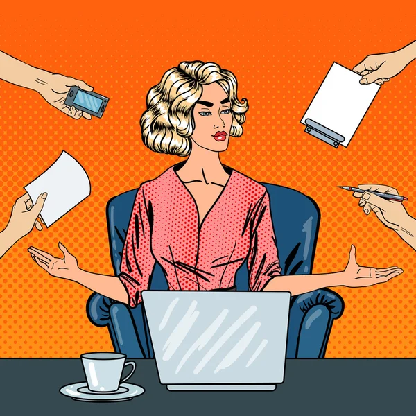 Pop Art Stressed Business Woman with Laptop at Multi Task Office Work. Векторная иллюстрация — стоковый вектор