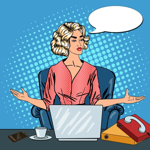 Pop Art Mujer de negocios estresada con ordenador portátil en el trabajo de oficina de tareas múltiples. Ilustración vectorial — Vector de stock