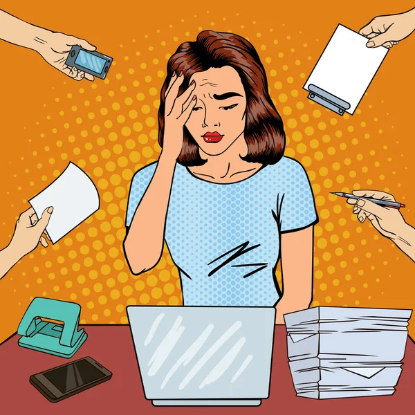 Pop Art Business Woman has a Headache at Office Multi Tasking Work. Vector illustration — Stock Vector