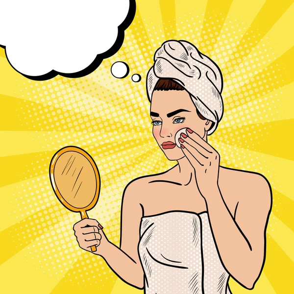 Поп-арт Красива жінка видаляє макіяж зі свого обличчя у ванній кімнаті. Векторні ілюстрації — стоковий вектор