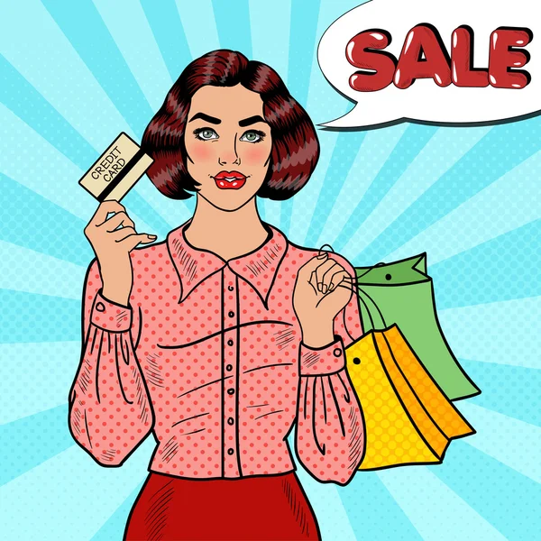 Pop Art Happy Woman with Shopping Bags and Credit Card. Seasonal Sale. Vector illustration — Stock Vector