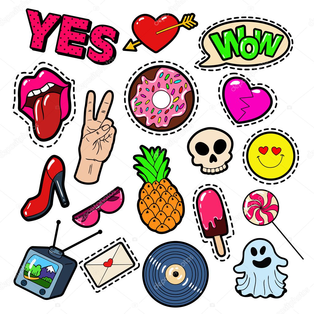 Fashion Badges, Patches, Stickers set with Girls Elements - Lips, Heart, Sweets, Speech Bubble and Ice Cream in Pop Art Comic Style. Vector illustration