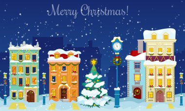 Kar yağışı ile Merry Christmas Cityscape, Evler ve Noel Ağacı Tebrik Kartı.