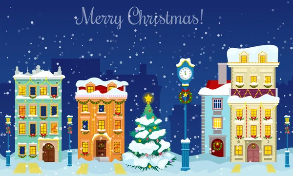 Merry Christmas Cityscape met sneeuwval, huizen en kerstboom wenskaart. vector achtergrond — Stockvector
