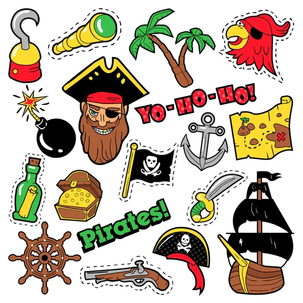 海盗徽章，补丁，贴纸 - 船舶，交叉骨和骷髅在流行艺术漫画风格的织物纺织品。矢量插图 — 图库矢量图片
