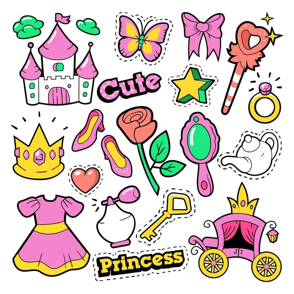 Insignias de princesa niña, Parches, Pegatinas Corona, Castillo, Corazón, Anillo en el estilo de cómic de arte pop. Ilustración vectorial — Vector de stock