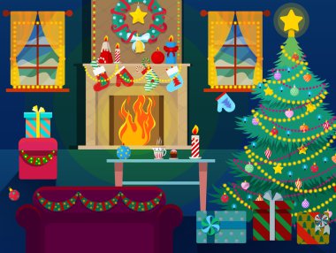 Noel Ağacı, Şömine ve Hediyeler ile Merry Christmas Home Interior. Vektör Arka Planı