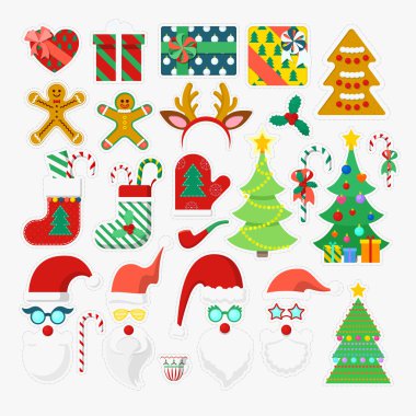 Mutlu Noeller ve Mutlu Yılbaşı Fotoğraf Kabini Parti Elemanları Gözlük, Sahne ve Boynuzları ile. Vektör çizimi