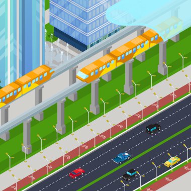 Gökdelenler ile Modern Şehirde Biyometrik Monorail Demiryolu Tren. Vektör 3d düz illüstrasyon
