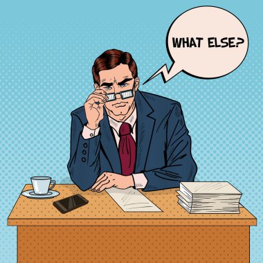 Sanat ciddi işadamı gözlük ile çoklu görev Office iş yerinde baba. Vektör çizim