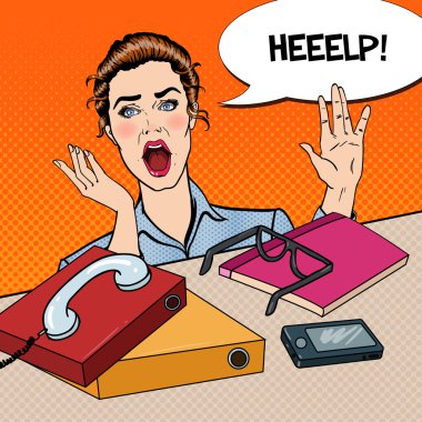 Pop sanat iş kadını telefon ve kağıtları ile Office iş yerinde vurguladı. Vektör çizim