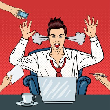 Pop Art işadamı kızgın bağırarak buhar geliyor kulakları dışarı ile. Çoklu görev ofis işleri, iş adamı. Vektör çizim