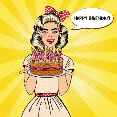 Pop Art Beautiful Woman Holding a Plate with Happy Birthday Cake with Candles. Vector illustration clipart