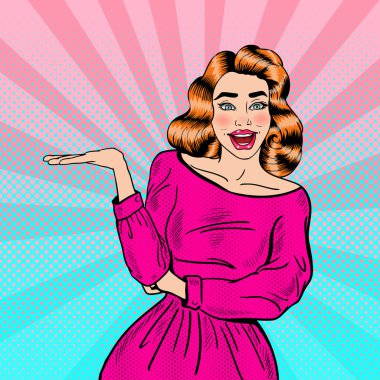 Sanat genç gülümseyen bir ürün gösterilen kadın pop. Vektör çizim