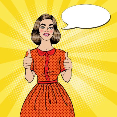 Pop Art genç güzel kadın büyük el hareketi. Gülümseyen kadın başparmak göstermek yukarıya. Vektör çizim