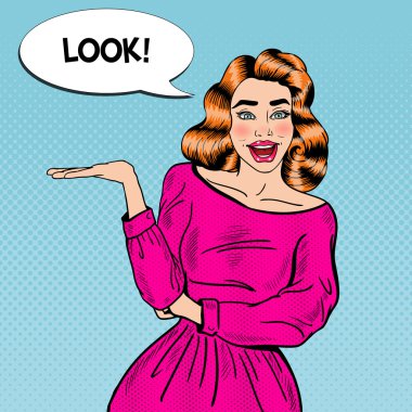 Sanat genç gülümseyen bir ürün gösterilen kadın pop. Vektör çizim