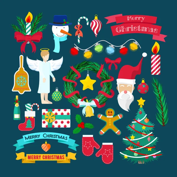 Frohe Weihnachten und ein gutes neues Jahr Party dekorative Elemente mit Weihnachtsmann, Weihnachtsbaum und Geschenke. Vektorillustration — Stockvektor