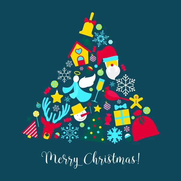 Merry Christmas Greeting Card met kerstboom kerstman en sneeuwvlokken. Vector achtergrond — Stockvector