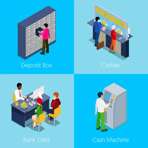 Conceito de Serviços Bancários Isométricos. Caixa de depósito, Caixa, Banco Clerk, Máquina de dinheiro. Vector 3d ilustração plana —  Vetores de Stock