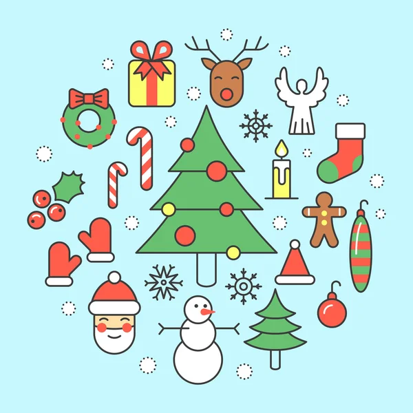 Natal e Feliz Ano Novo 2017 Ícones de vetor de linha fina com Papai Noel, renas e árvore de Natal —  Vetores de Stock