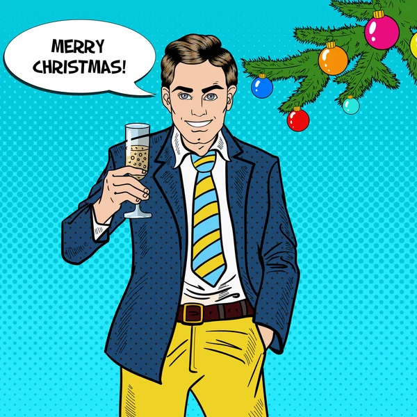 Pop Art Homme d'affaires avec verre de champagne sur Merry Christmas Celebration Party. Illustration vectorielle — Image vectorielle