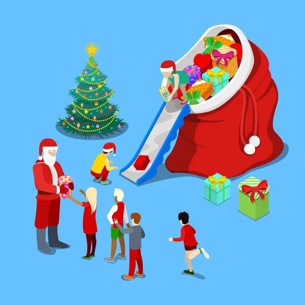 Frohe Weihnachten isometrische Grußkarte mit Weihnachtsbaum. Weihnachtsmann bei der Bescherung der Kinder. Vektor 3D flache Illustration — Stockvektor