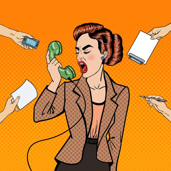 Pop Art Aggressive Business Woman Screaming into the Phone at Multi Tasking Office Work. Vector illustration — Stock Vector
