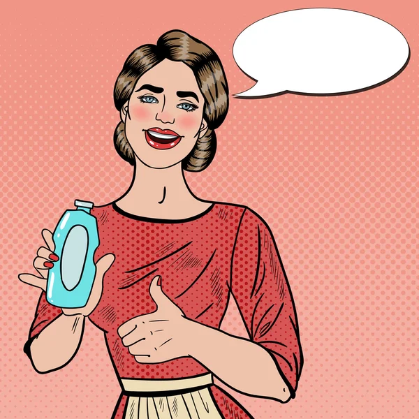 Popart lachende vrouw huisvrouw houden wasmiddel fles en duim opdagen. Vectorillustratie — Stockvector