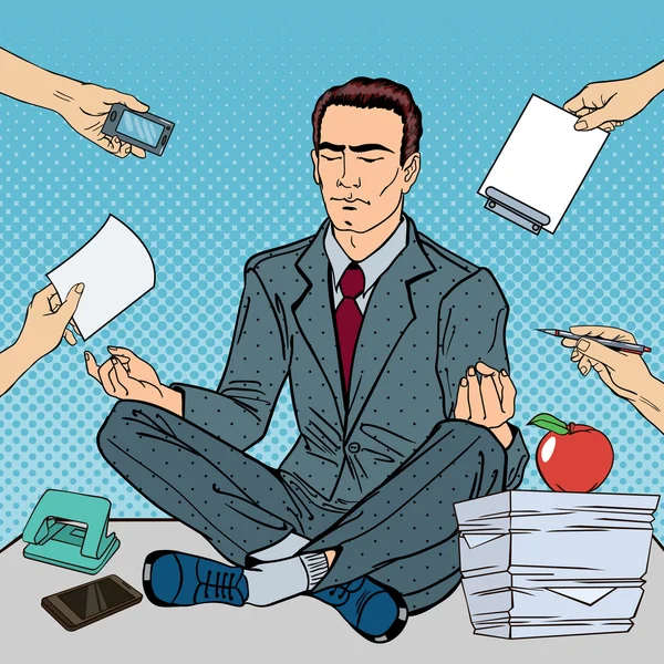 Pop-Art-Unternehmer meditiert auf dem Bürotisch bei Multitasking-Arbeit. Vektorillustration — Stockvektor