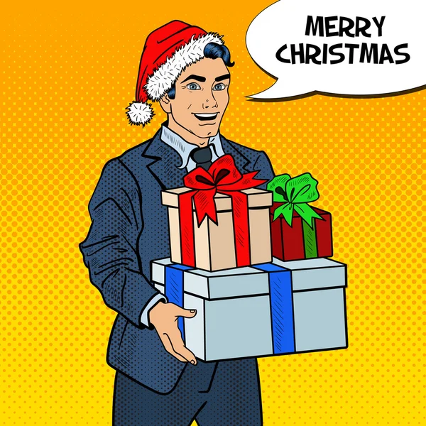 Vente de Noël. Pop Art Man à Santa Hat avec cadeaux et sapin de Noël. Illustration vectorielle — Image vectorielle