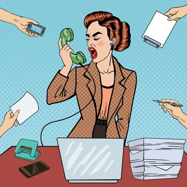 Pop Art Aggressive Business Woman Screaming into the Phone at Multi Task Office Work. Векторная иллюстрация — стоковый вектор