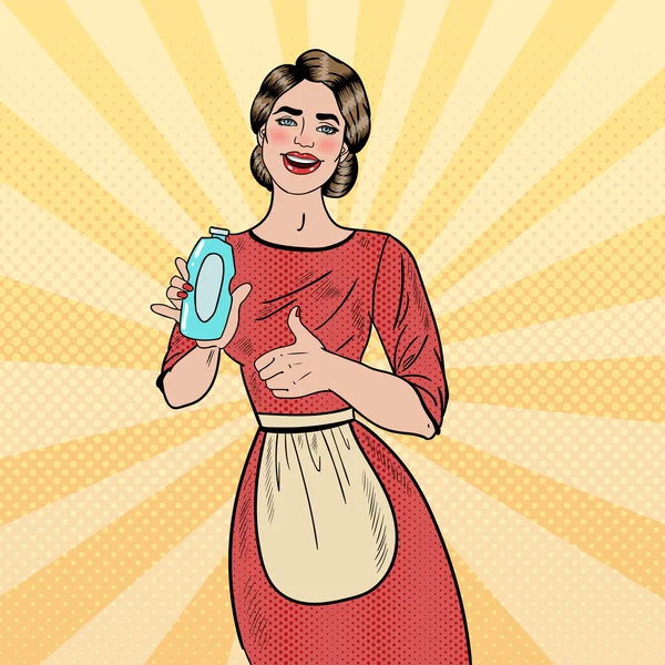 Pop Art leende kvinna hemmafru Holding tvättmedel flaska och visar tummen. Vektorillustration — Stock vektor