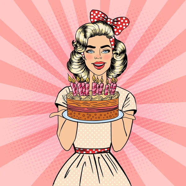 Pop Art Bella donna in possesso di un piatto con torta di buon compleanno con candele. Illustrazione vettoriale — Vettoriale Stock