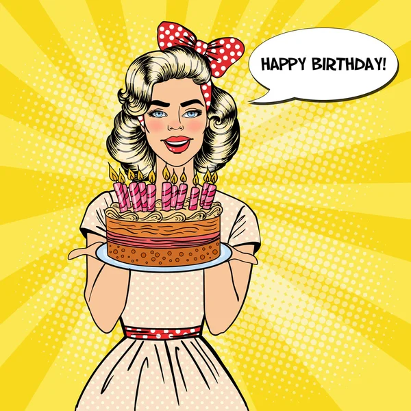 Pop Art Bella donna in possesso di un piatto con torta di buon compleanno con candele. Illustrazione vettoriale — Vettoriale Stock