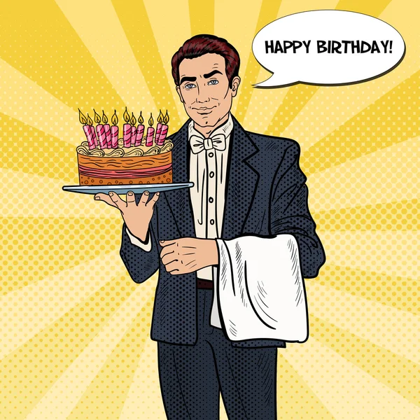 Pop Art Professional servitör Man håller bricka med Happy Birthday Cake. Vektorillustration — Stock vektor